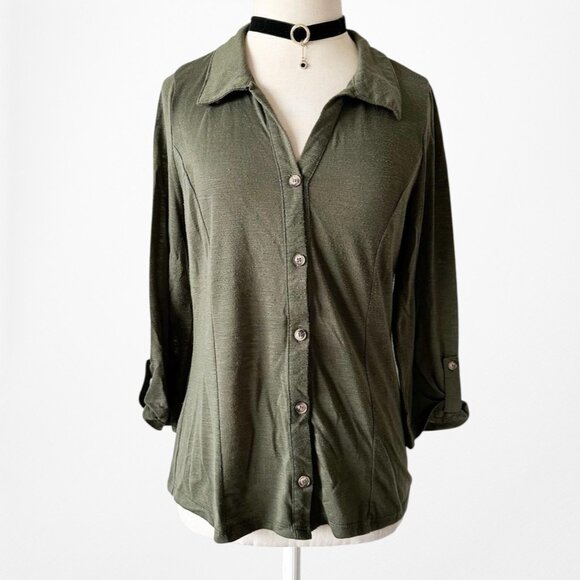 Fashion Nova Camo Green Knit Button Down Front 3/4 Sleeve Top Size M/L - Picture 4 of 7